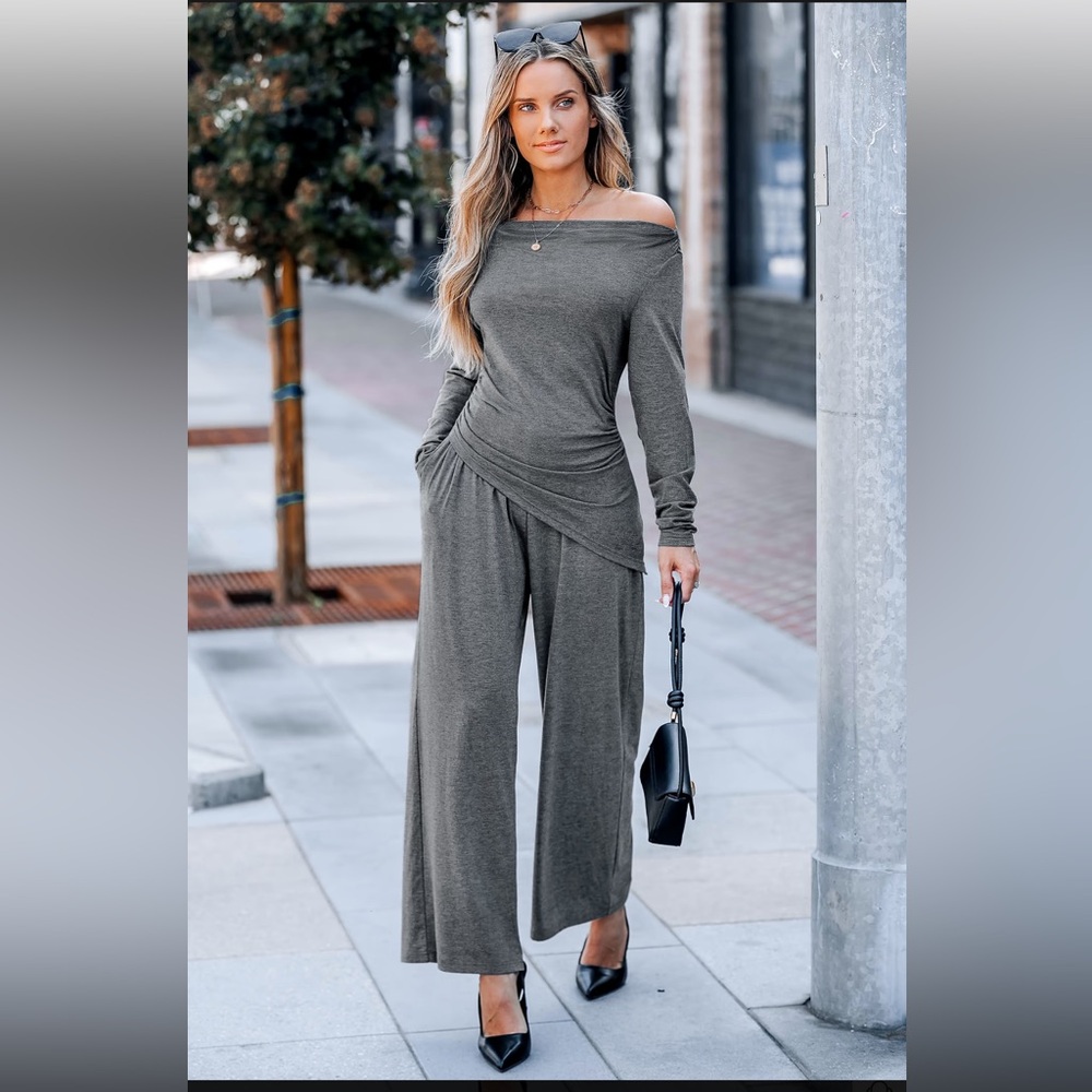 Elegant Gray Off-Shoulder Top & Wide Leg Pants Set